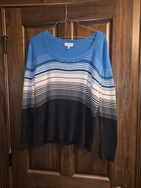 Fashion Bug Blue White Black Striped Scoop Neck Sweater